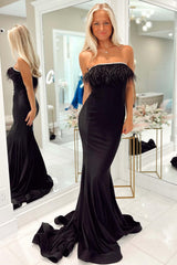 Strapless Black Feathers Mermaid Long Party Dress