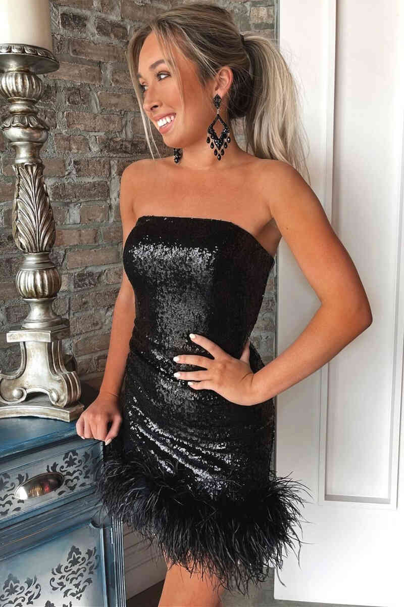 Strapless Black Sequined Sheath Homecoming Dress with Feather-27dress