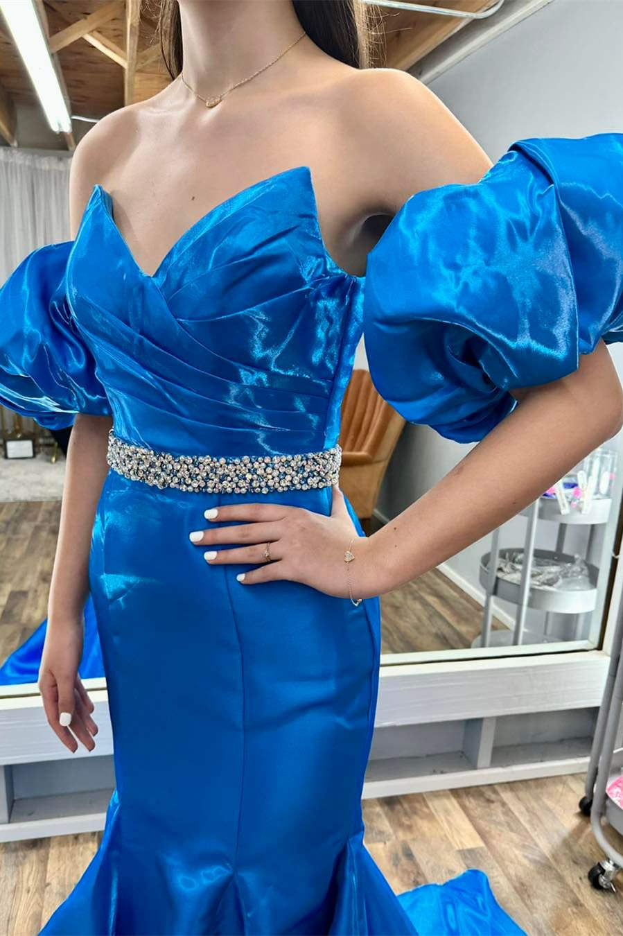 Strapless Blue Balloon Sleeves Mermaid Prom Dress with Belt-27dress