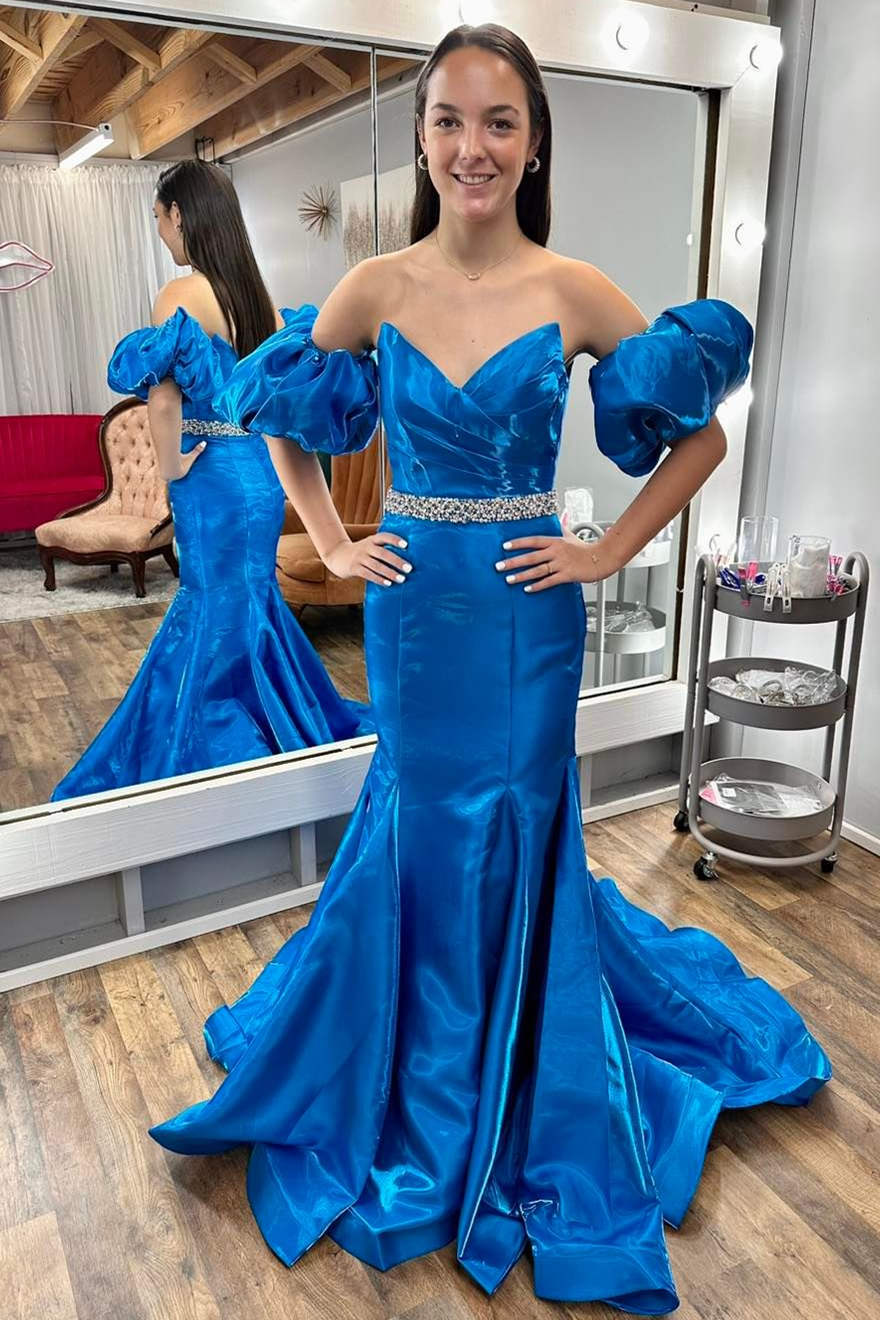 Strapless Blue Balloon Sleeves Mermaid Prom Dress with Belt-27dress