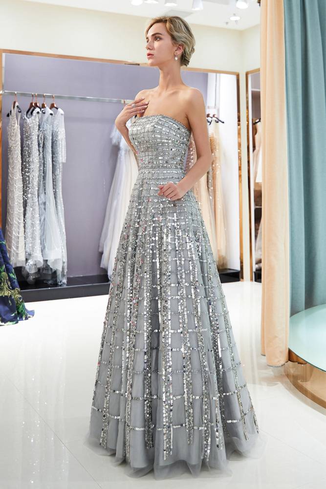 Strapless Floor Length Sliver Prom Dress with Sequins