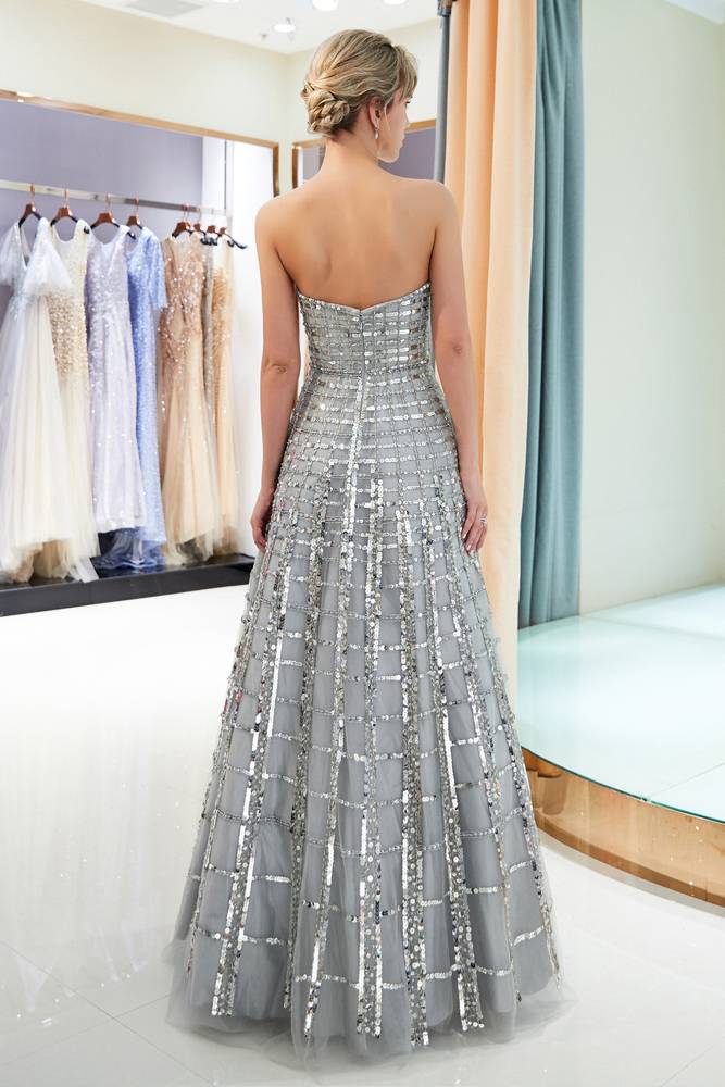 Strapless Floor Length Sliver Prom Dress with Sequins