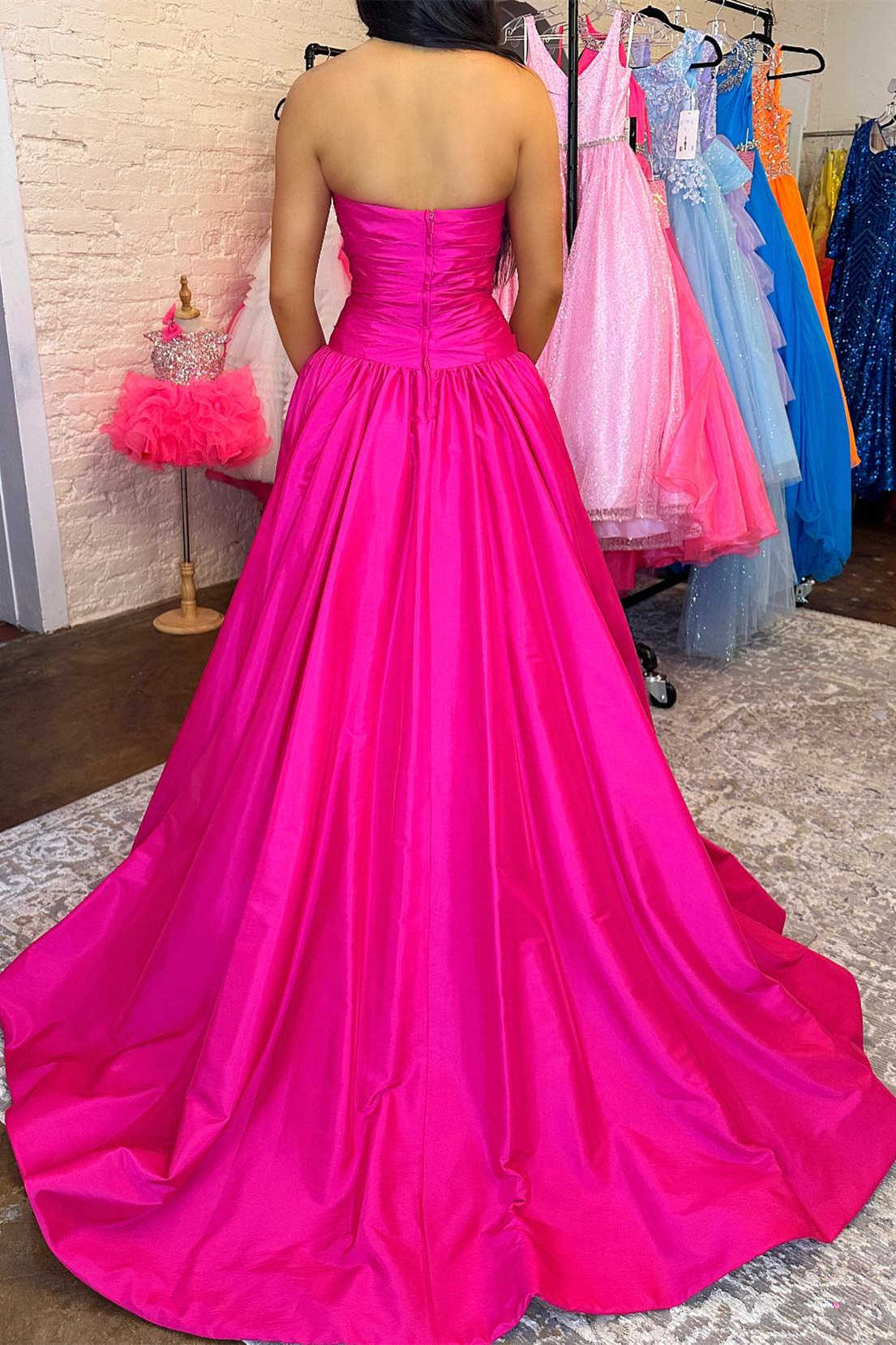 Strapless Fuchsia Beaded A-Line Long Prom Dresss