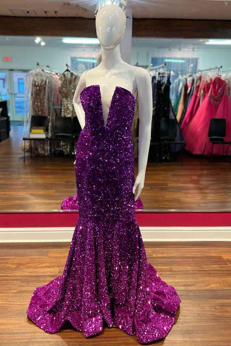 Strapless Fuchsia Mermad Sequins Long Prom Dress