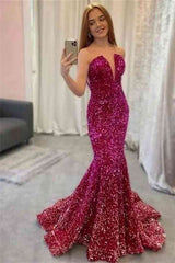 Strapless Fuchsia Mermad Sequins Long Prom Dress