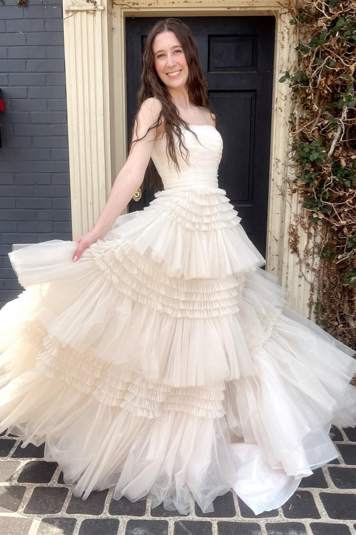 Strapless Fuchsia Pleated Tiered Tulle Prom Dress with Slit