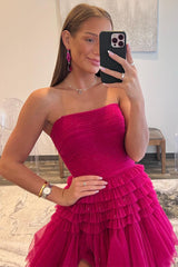 Strapless Fuchsia Pleated Tiered Tulle Prom Dress with Slit