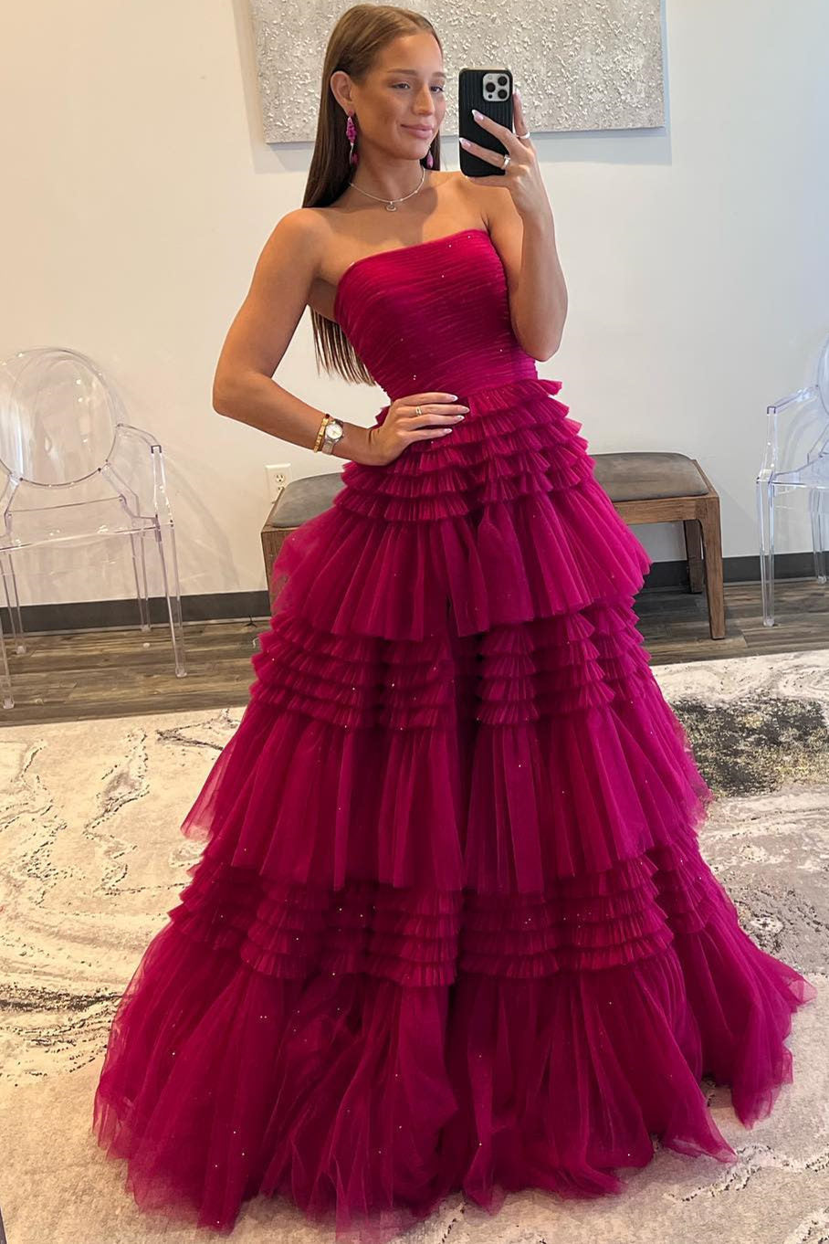 Strapless Fuchsia Pleated Tiered Tulle Prom Dress with Slit