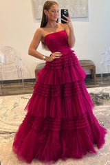 Strapless Fuchsia Pleated Tiered Tulle Prom Dress with Slit