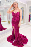 Strapless Fuchsia Sequins Long Prom Dress with Slit