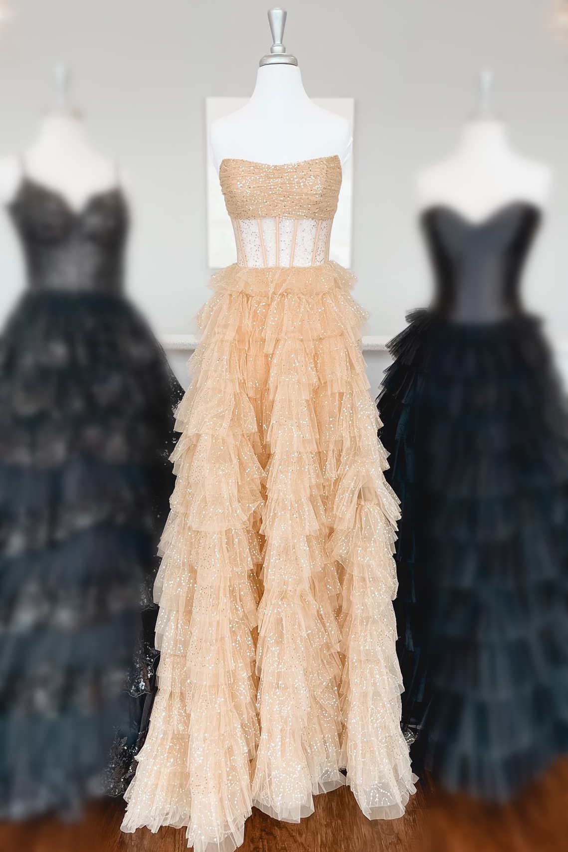 Strapless Gold Layered Tulle Long Formal Dress with Sequins