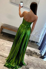 Strapless Green Pleated Long Prom Dress with Slit-27dress