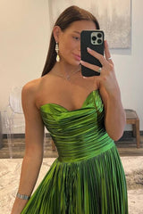 Strapless Green Pleated Long Prom Dress with Slit-27dress