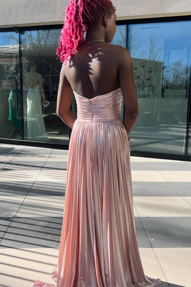 Strapless Green Pleated Long Prom Dress with Slit-27dress