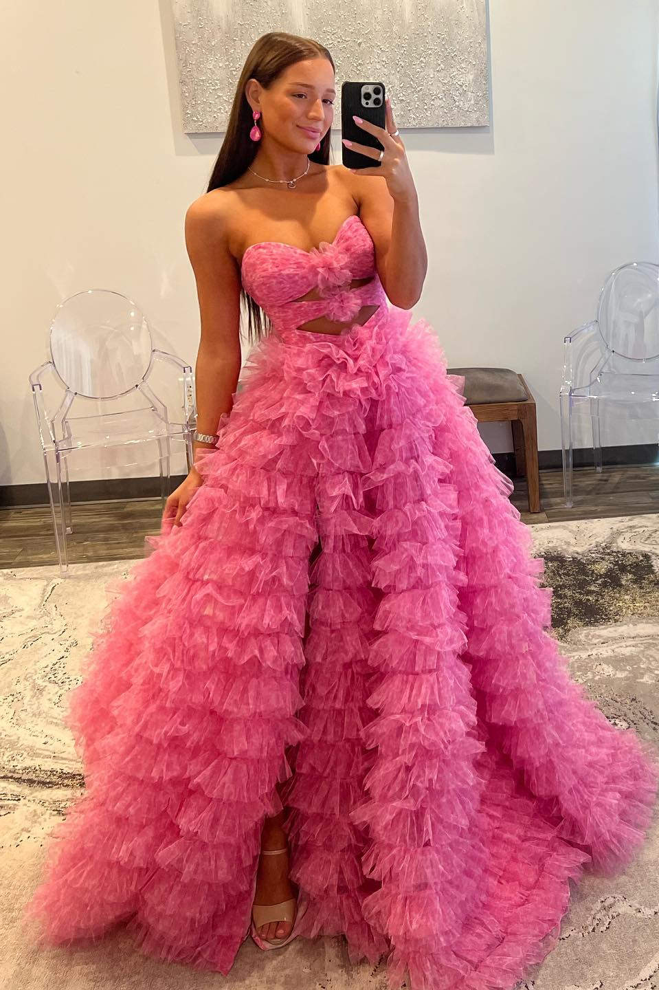 Strapless Hot Pink Keyhole Print Ruffle Tiered Prom Dress