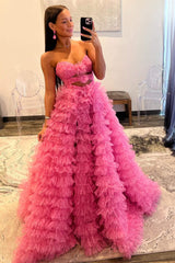 Strapless Hot Pink Keyhole Print Ruffle Tiered Prom Dress