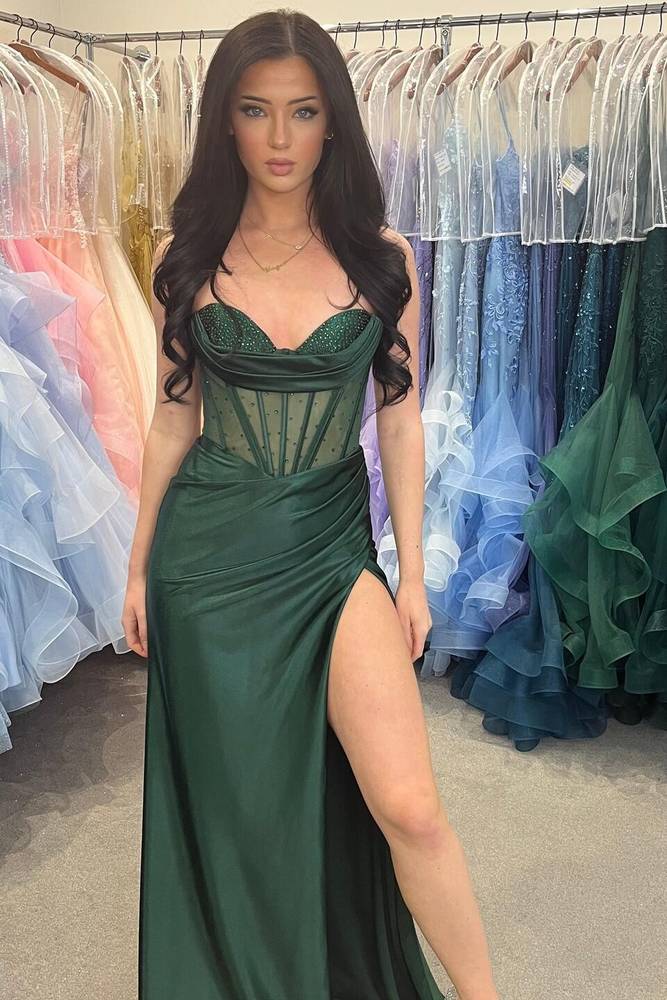 Strapless Hunter Green Beaded Mermaid Prom Dress with Slit