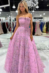 Strapless Lilac Floral Print A-Line Long Prom Dress