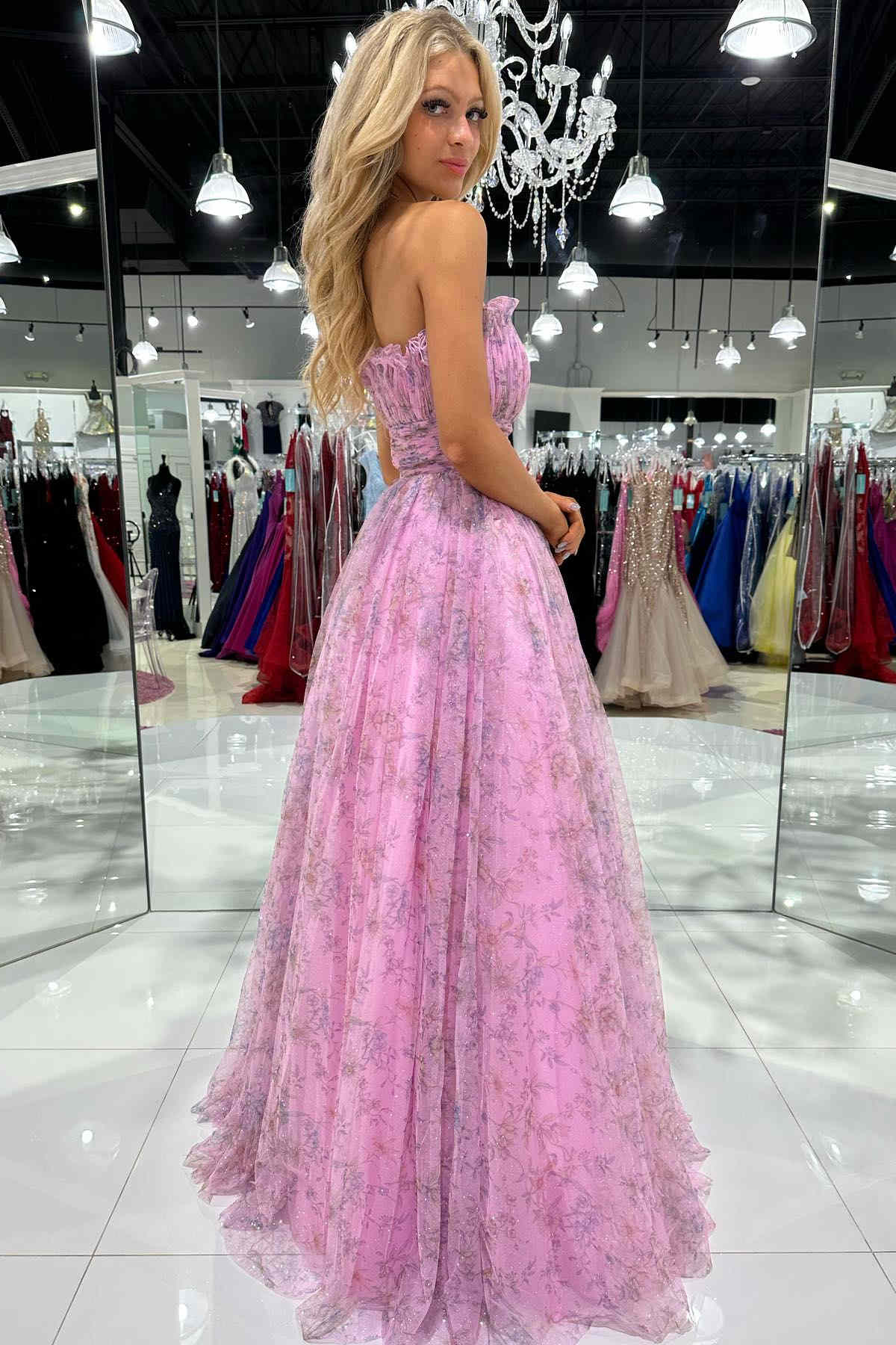 Strapless Lilac Floral Print A-Line Long Prom Dress