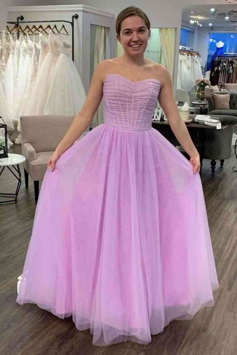 Strapless Lilac Pleated Top Tulle Long Prom Dress-27dress