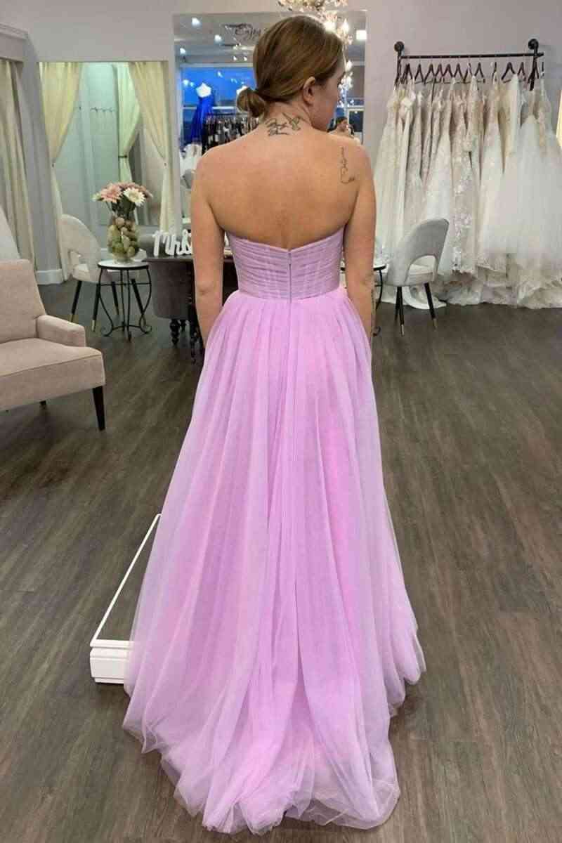 Strapless Lilac Pleated Top Tulle Long Prom Dress-27dress