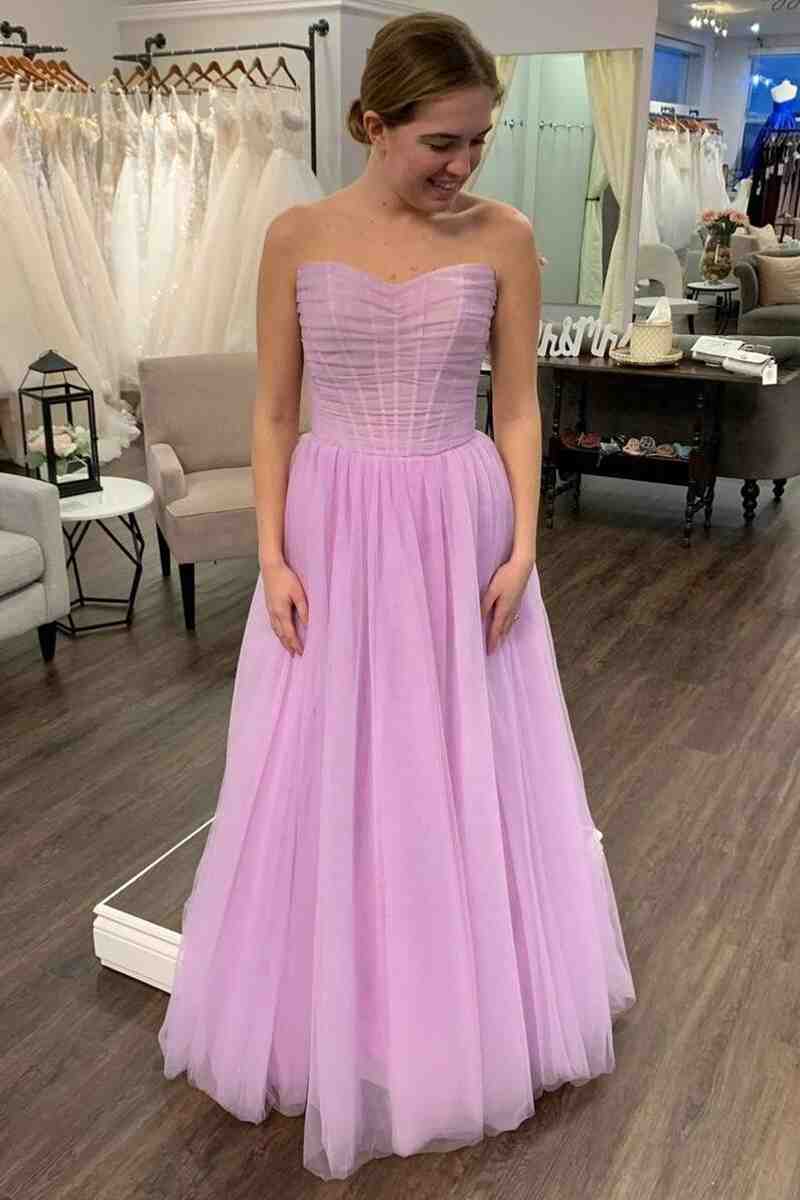 Strapless Lilac Pleated Top Tulle Long Prom Dress-27dress