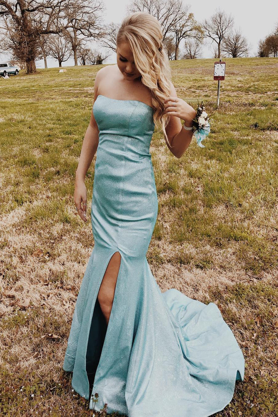 Strapless Mermaid Fitted Long Prom Dress with Slit-27dress