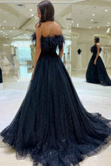 Strapless Navy Blue Feathers A-Line Prom Gown with Train-27dress