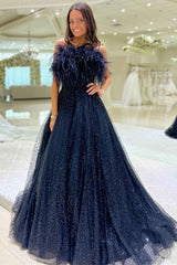 Strapless Navy Blue Feathers A-Line Prom Gown with Train-27dress