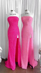 Strapless Pink Sequins Prom Dress with Slit