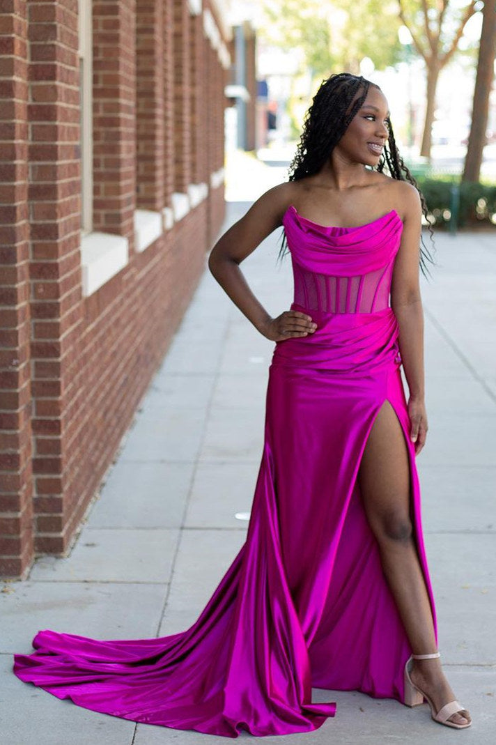 Strapless Pleated Boning Sheer Long Prom Dress with Slit