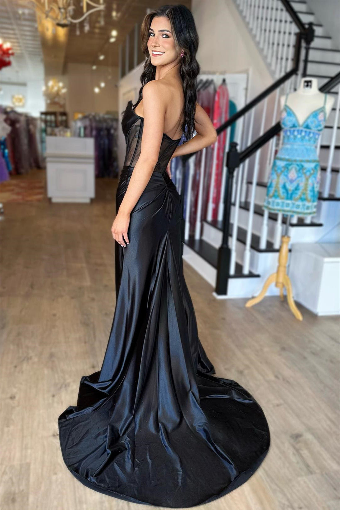 Strapless Pleated Boning Sheer Long Prom Dress with Slit