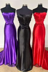 Strapless Pleated Bow Mermaid Long Prom Dress with Train-27dress