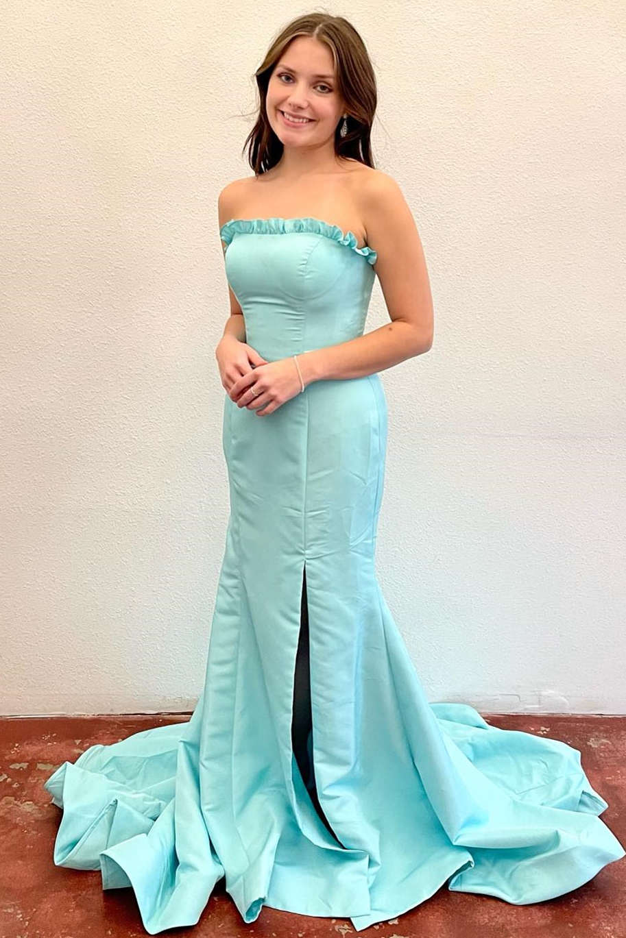 Strapless Sleeveless Ruffle Mermaid Slit Long Prom Dress-27dress