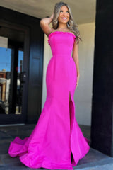 Strapless Sleeveless Ruffle Mermaid Slit Long Prom Dress-27dress