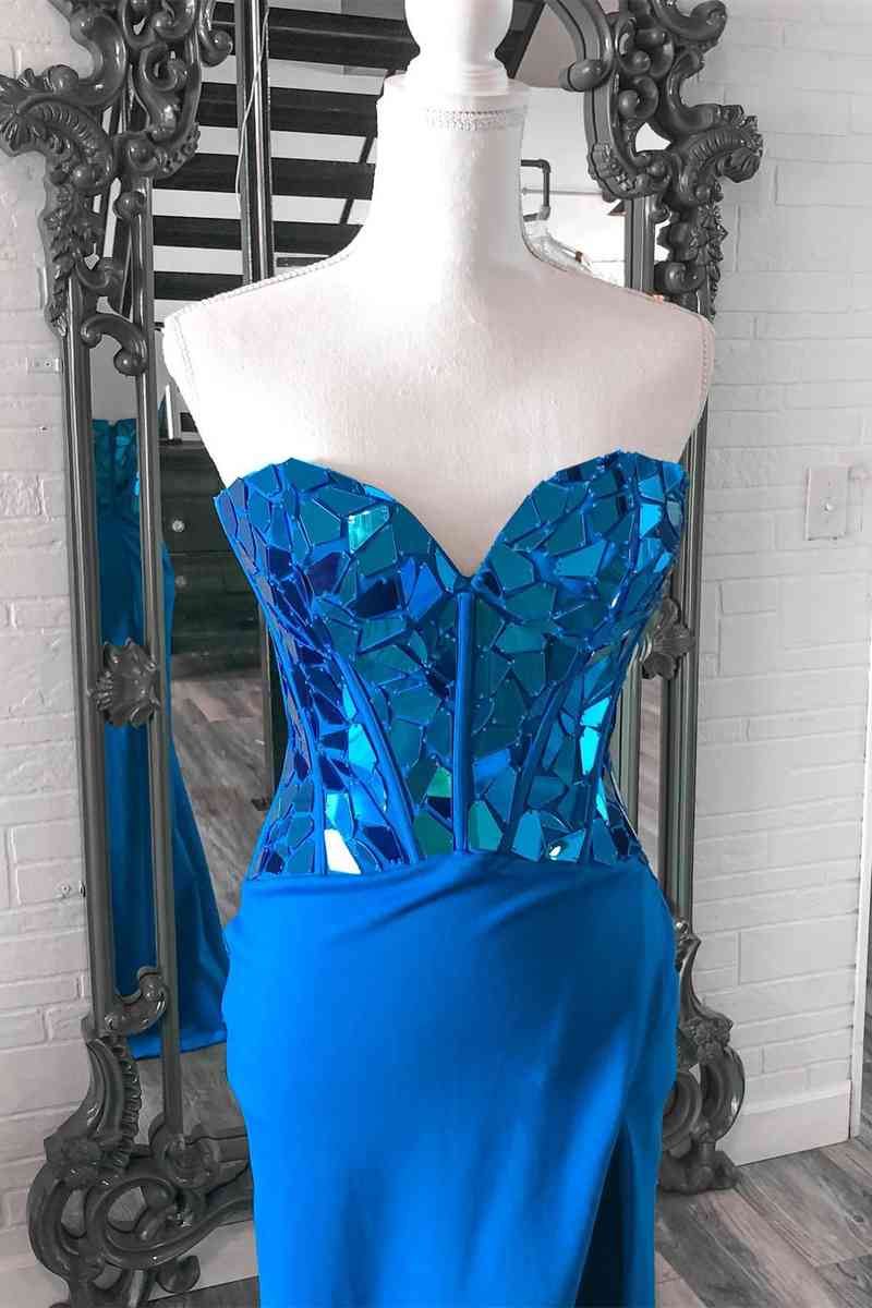 Strapless Sweetheart Blue Sequins Long Prom Dress with Slit-27dress