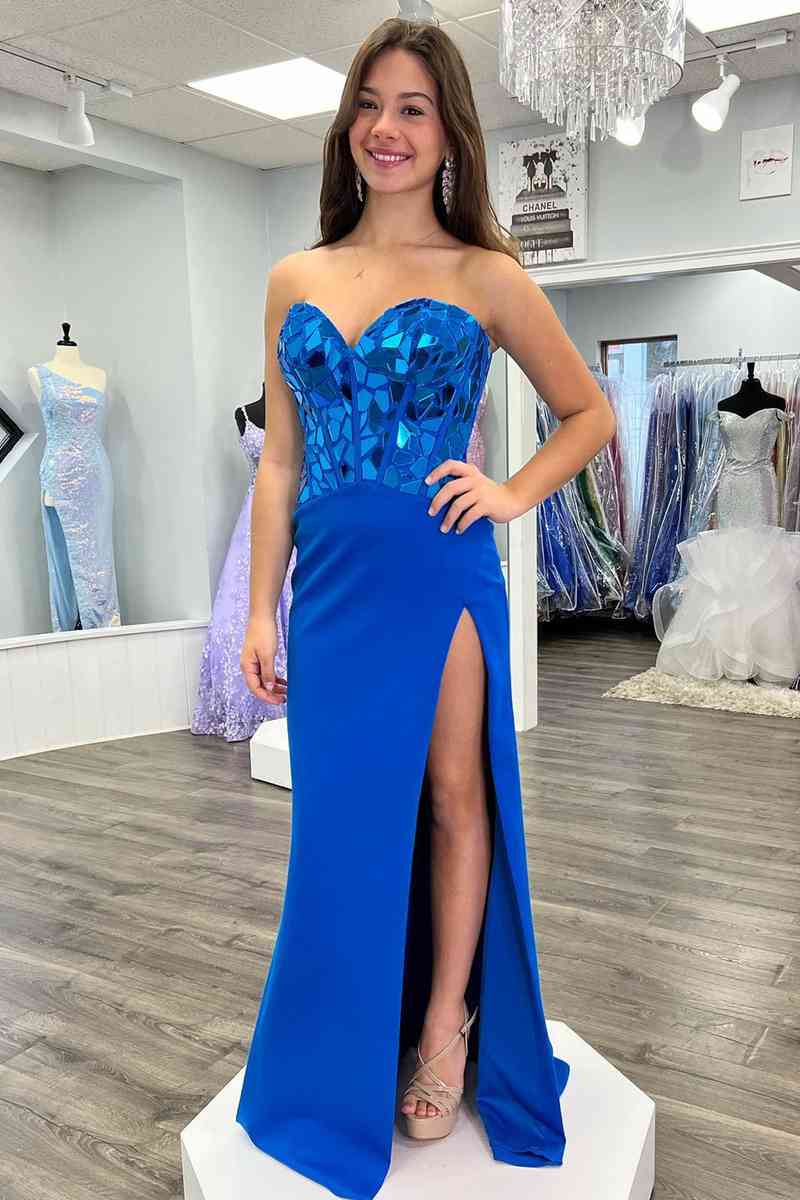 Strapless Sweetheart Blue Sequins Long Prom Dress with Slit-27dress