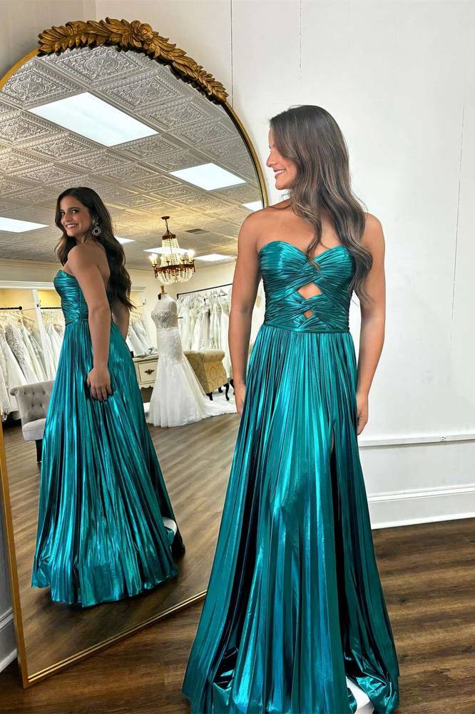 Strapless Sweetheart Keyhole Pleated Prom Dress with Slit-27dress