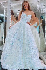 Strapless Sweetheart White Sequin A-Line Long Prom Dress-27dress