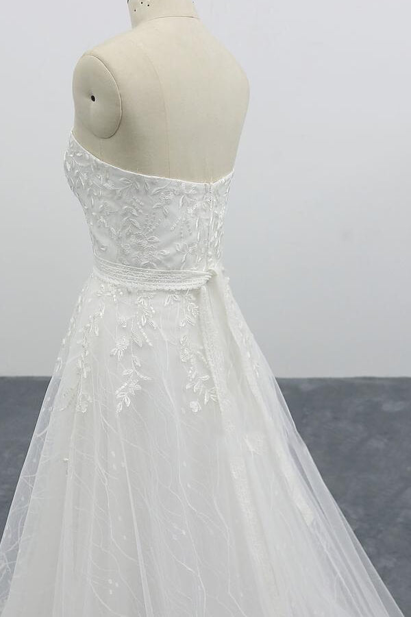 Strapless Tulle Chapel Train A-line Wedding Dress On Sale-27dress