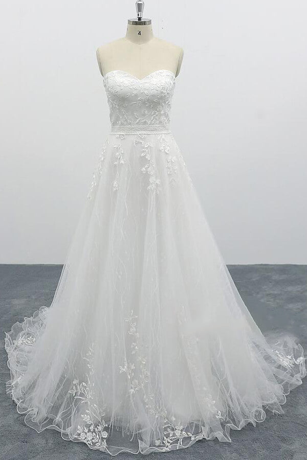 Strapless Tulle Chapel Train A-line Wedding Dress On Sale-27dress