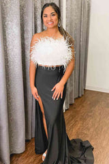 Strapless White Feathers Separated Long Prom Dress with Split-27dress