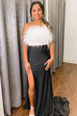 Strapless White Feathers Separated Long Prom Dress with Split-27dress