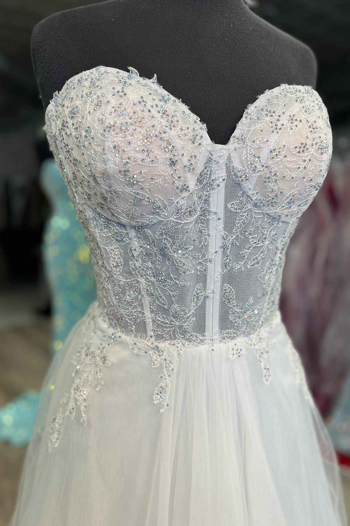 Strapless White Lace Corset Long Formal Dress with Rhinestones