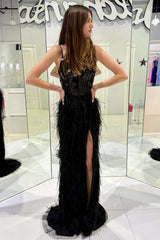 Straps Black Cut Mirror Sequin Prom Dress with Feathers