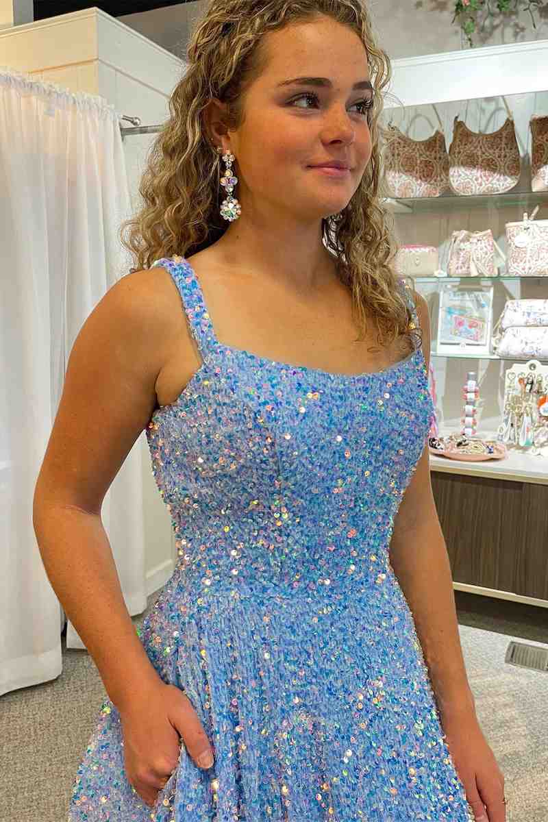 Straps Grape Square Neck Sequins Prom Dress with Pockets