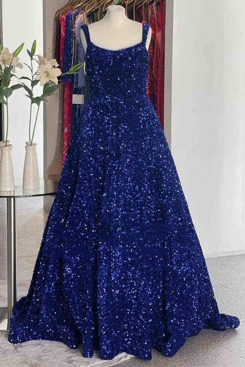 Straps Grape Square Neck Sequins Prom Dress with Pockets