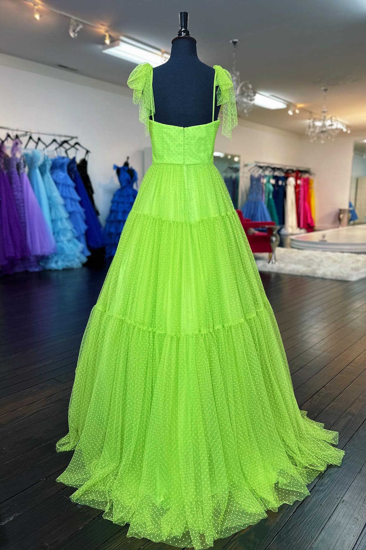 Straps Green A-Line Swiss Dot Tulle Prom Dress with Bow Tie