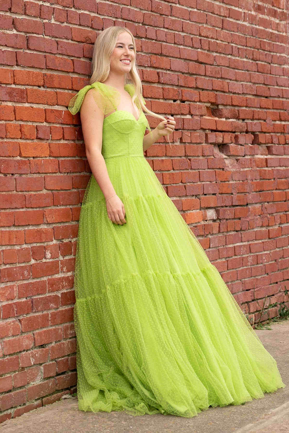 Straps Green A-Line Swiss Dot Tulle Prom Dress with Bow Tie