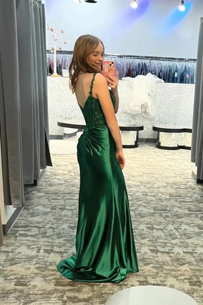 Straps Green Applique Mermaid Prom Dress with Slit